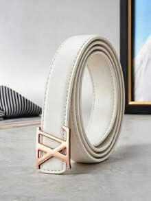 Women's PU Thin Belt, Geometric Cross Letter Design Metal Buckle Leather Belt, 43 Inch Versatile Decorative Waist Belt - Multicolor - View 5