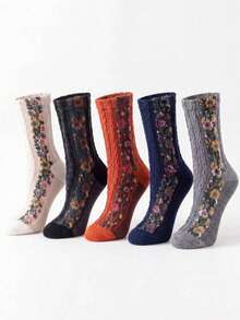 5 Pairs Random Assortment Women's Vintage Cable Knit Textured Side Ditsy Floral Skin-Friendly Durable Comfortable Breathable Mori Style Artistic Mid-Calf Socks Suitable For Daily Home Commute Holiday Gift Occasions - Multicolor - View 4