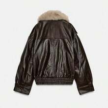 Jaket Motor Wanita Gaya Retro Kasual Terbaru Musim Gugur dari Kulit PU dengan Kerah Besar dan Kerah Wol yang Dapat Dilepas - Coklat - View 9