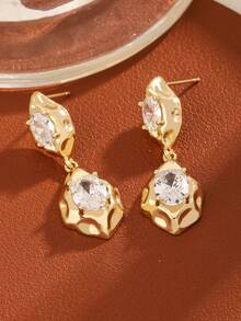 2pcs Fashionable Elegant 18K Gold Plated Oval Cubic Zirconia Earrings, Featuring Lava Element, Designed For Women, Suitable For Daily/Date/Holiday Occasions - Gold - View 4