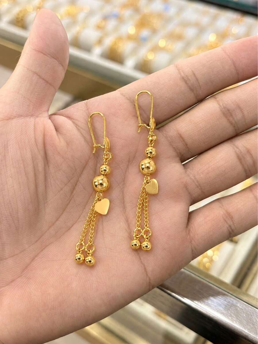 2pcs/Set 24K Gold Plated Earrings Rust-Proof 24K Gold Alternative Heart Bead Chain Tassel Ear Jewelry Saudi Luxury Dubai Wedding Party Jewelry - Yellow Gold - View 1