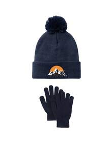 3pcs Unisex Printed Knit Beanie & Gloves Set, Soft Warm Pom Pom Beanie, Full Finger Gloves, Suitable For Winter Daily Outdoor Activities Gift - Multicolor - View 5
