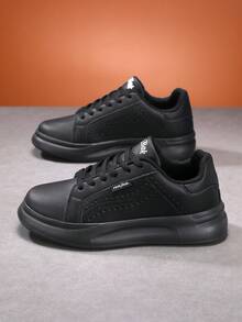 Men's All Black Thick Sole Skateboard Shoes, Pure Black Minimalist Style, Breathable Synthetic Leather Upper With Non-Slip Thick Sole, Suitable For Daily Wear And Street Style - Black - View 6