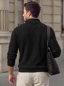 Men Old Money Heather Ribbed Knit Long Sleeve Top, Crew Neck Loose Fit Knitted Shirt, Preppy Layer Tee For Campus Daily & Holiday Vacation Outfits - Black - View 2
