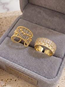 2Pcs Boho Hollow Tassel Bead & Double Row Pave CZ Ring Set, 18K Gold Plated Adjustable Open Stackable Rings For Women Vacation Beach Jewelry Gift - Multicolor - View 2