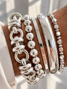 10pcs/5pcs Vintage Fashion Elegant Bohemian Vacation Style Metal Multi-Geometric Asymmetric Elastic Round Bead Square Bead CCB Disc Pendant Bracelet Set, Layered Hollow Thick Chain Twisted Snake Chain Intertwined Chain Bracelet, Minimalist Personalized Versatile Y2K Exaggerated Multi-Layer Silver Bracelet, Suitable For Men And Women, Summer Beach Vacation Party Date Gift, Daily Wear Versatile Accessory - Silver - View 1