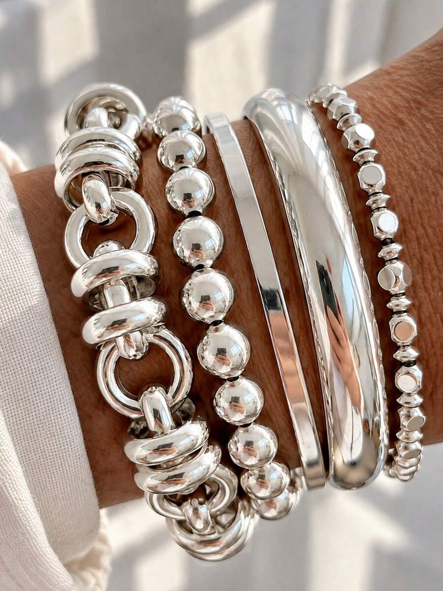 10pcs/5pcs Vintage Fashion Elegant Bohemian Vacation Style Metal Multi-Geometric Asymmetric Elastic Round Bead Square Bead CCB Disc Pendant Bracelet Set, Layered Hollow Thick Chain Twisted Snake Chain Intertwined Chain Bracelet, Minimalist Personalized Versatile Y2K Exaggerated Multi-Layer Silver Bracelet, Suitable For Men And Women, Summer Beach Vacation Party Date Gift, Daily Wear Versatile Accessory - Silver - View 1