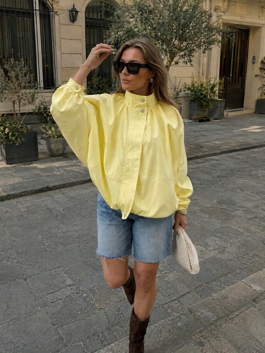 Women Fall Fashion Casual Yellow Stand Collar Oversized Long Sleeve Jacket For Going Out Vacation - Light Yellow - View 1