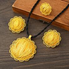 Saudi Arabia Classic Golden Color Women's Jewelry Set 3pcs Pendant Necklace Earrings Ring Bride Wedding Luxury Jewelry Gift - A - View 5