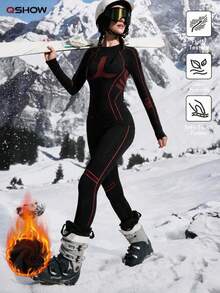 Women's Autumn/Winter Colorblock Elastic Warm Long Sleeve Ski Top And Pants Set - Black - View 3