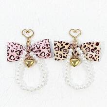 1PC Leopard Bow Pearl Keychain, Heart Charm Bag Pendant, Birthday, Christmas Gift For Women - Multicolor - View 4