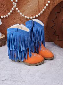 Girls' Children's Short Mid-Calf Boots, Glitter Embroidered Tassel High Heel Western Boots, Color Block Round Toe Side Zipper - Orange - View 5