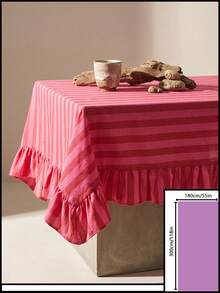 1pc Pink & White Wide Striped Tablecloth, Warm Minimalist Style, Fabric Material, Rectangular Double Layer With Ruffle Edge And Pleated Detail, Decorative Stain-Resistant Table Protector, Suitable For Daily Home And Cozy Restaurant Decor - Pink - View 11