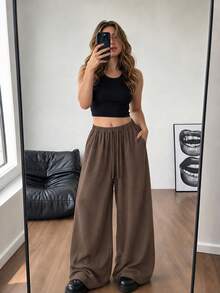 Celana Panjang Wanita Ukuran Besar, Bernapas, Lebar, Pinggang Tinggi, Longgar, Cocok untuk Perjalanan Kantor dan Pakaian Kasual, Musim Semi, Gugur, dan Dingin - Cokelat Mocha - View 1