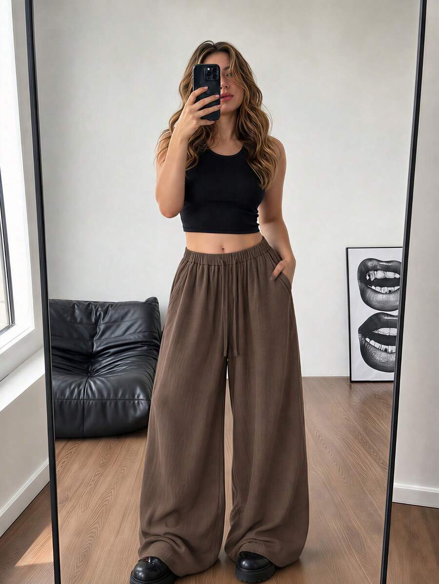 Celana Panjang Wanita Ukuran Besar, Bernapas, Lebar, Pinggang Tinggi, Longgar, Cocok untuk Perjalanan Kantor dan Pakaian Kasual, Musim Semi, Gugur, dan Dingin - Cokelat Mocha - View 1