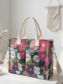 1pc Colorful Small Flowers Print Corduroy Multi-Pocket Large Capacity Storage, Snap Button Closure, Shoulder Tote Bag For Student Daily Commute School - Multicolor - View 13