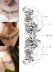 1pc Black Aesthetic Exquisite Symmetrical Rose Chain Pattern Temporary Tattoo Sticker, Waterproof DIY Party Gift, Holiday Gift, Music Festival Tattoo Sticker For Shoulder, Neck, Collarbone, Back - Black - View 1