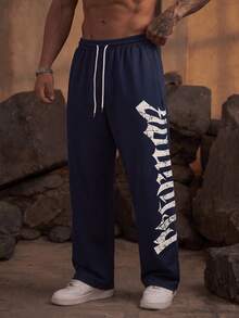 MAISONFOX Men's Letter Print Drawstring Waist Straight Leg Long Casual Pants, Suitable For Outings, Parties, Back To School, Sports, Fitness, Autumn Wear - Navy Blue - View 8