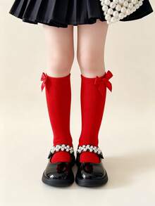 3 Pairs Kids Straight Tube Socks With Bowknot Decor, Solid Color Uniform Dress Socks For Teenagers - Red - View 3