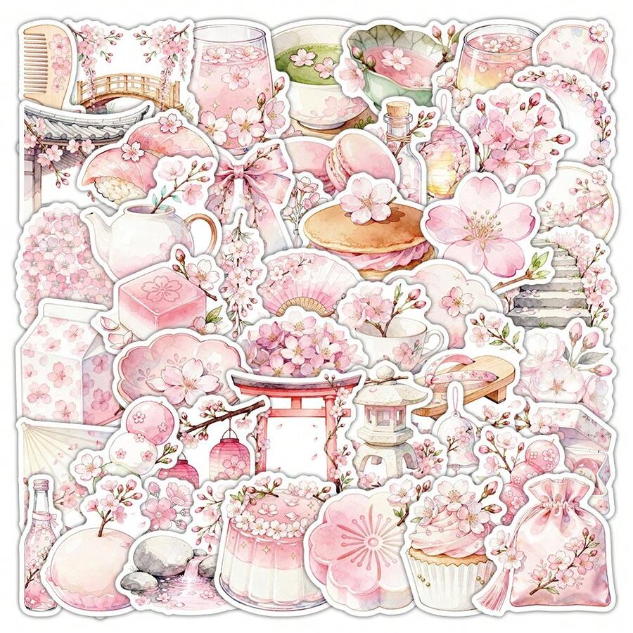 50 Floral Sakura Cherry Blossom Doodle Stickers, Perfect For Decorating Stationery, Water Bottles, Phones, Laptops, Suitcases, Refrigerators, Skateboards, And Guitars - Multicolor - View 1
