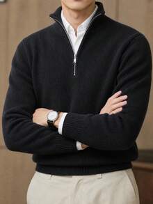 Sweater Pria Lengan Panjang Kasual Fashion Minimalis Warna Polos Musim Gugur/Dingin - Hitam - View 1