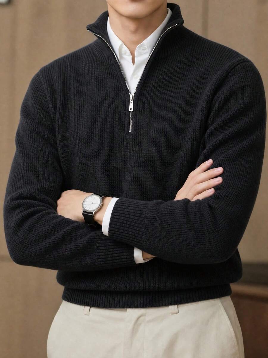 Sweater Pria Lengan Panjang Kasual Fashion Minimalis Warna Polos Musim Gugur/Dingin - Hitam - View 1