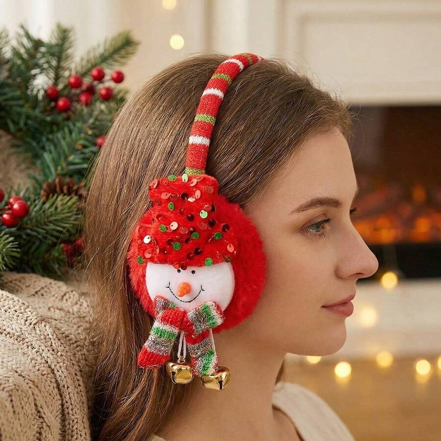 Christmas Plush Earmuffs, Santa/Snowman/Reindeer Decor Winter Ear Warmers With Bells, Random Style Holiday Party Accessory - Multicolor - View 1