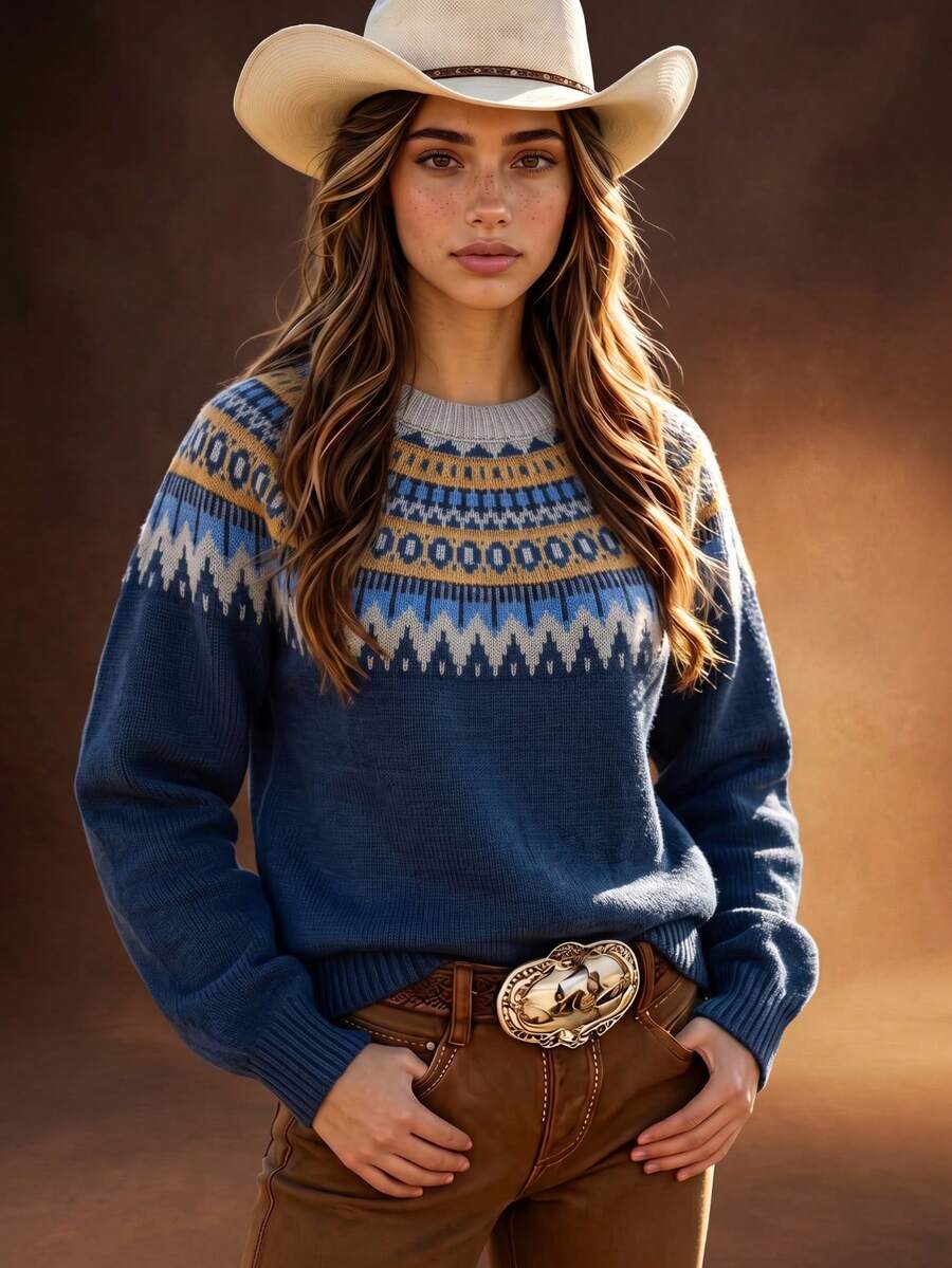 Sweater Kasual Wanita Motif Geometris Fair Isle Gaya Boho Barat, Pakaian Musim Gugur, Pakaian Liburan