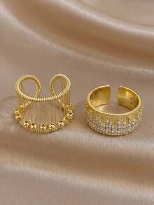 2Pcs Boho Hollow Tassel Bead & Double Row Pave CZ Ring Set, 18K Gold Plated Adjustable Open Stackable Rings For Women Vacation Beach Jewelry Gift - Multicolor - View 1