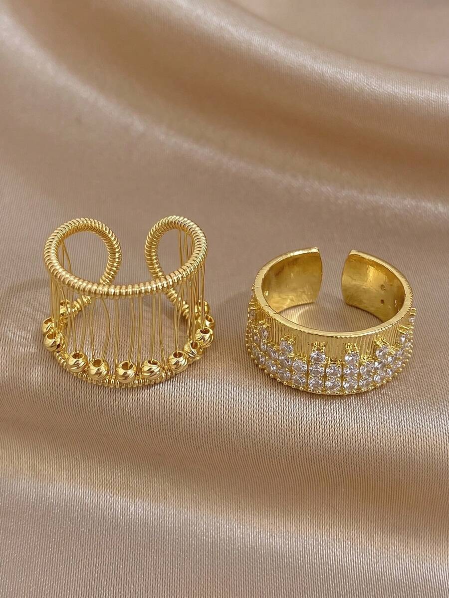 2Pcs Boho Hollow Tassel Bead & Double Row Pave CZ Ring Set, 18K Gold Plated Adjustable Open Stackable Rings For Women Vacation Beach Jewelry Gift - Multicolor - View 1
