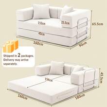 2-Seater Foldable Sofa Bed, 62'' Convertible Sleeper Sofa, Spring Folding Floor Couch With With Pillow Back Support Armrest, 4-In-1 Futon Sofa Bed For Living Room - White - View 7