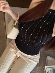 Sexy Heavy Embellished Rhinestone Stand Collar Sleeveless Knit Tank Top Women Summer Design Slim Fit Flattering Crop Top Black - Black - View 7