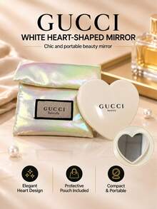 Cermin rias berbentuk hati berwarna putih merek Gucci, ukuran 7,5 cm, satu buah, cermin bening, ringkas dan portabel, dilengkapi dengan tas penyimpanan, cocok untuk bepergian dan merias wajah sehari-hari. - Putih - View 2
