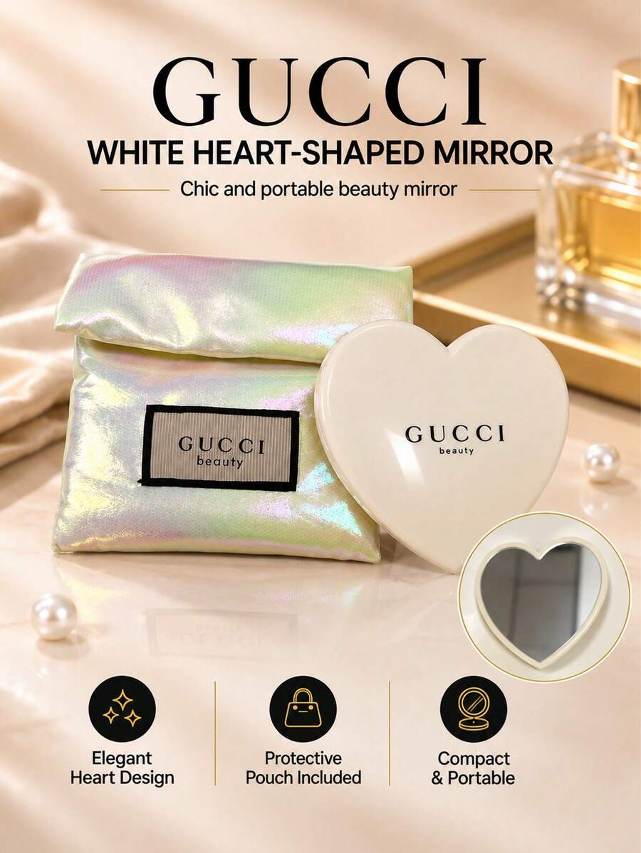 Cermin rias berbentuk hati berwarna putih merek Gucci, ukuran 7,5 cm, satu buah, cermin bening, ringkas dan portabel, dilengkapi dengan tas penyimpanan, cocok untuk bepergian dan merias wajah sehari-hari.