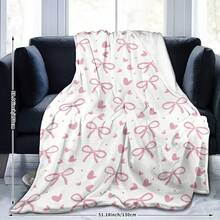 1PC 1pc Soft Flannel Blanket With Pink Bow And Heart Print - Suitable For Sofa, Office, Camping, All-Season Comfortable Blanket - Asian Style Home Decor, All-Season Blanket | Asian Style Design | Pink Bow Print - Multicolor - View 7