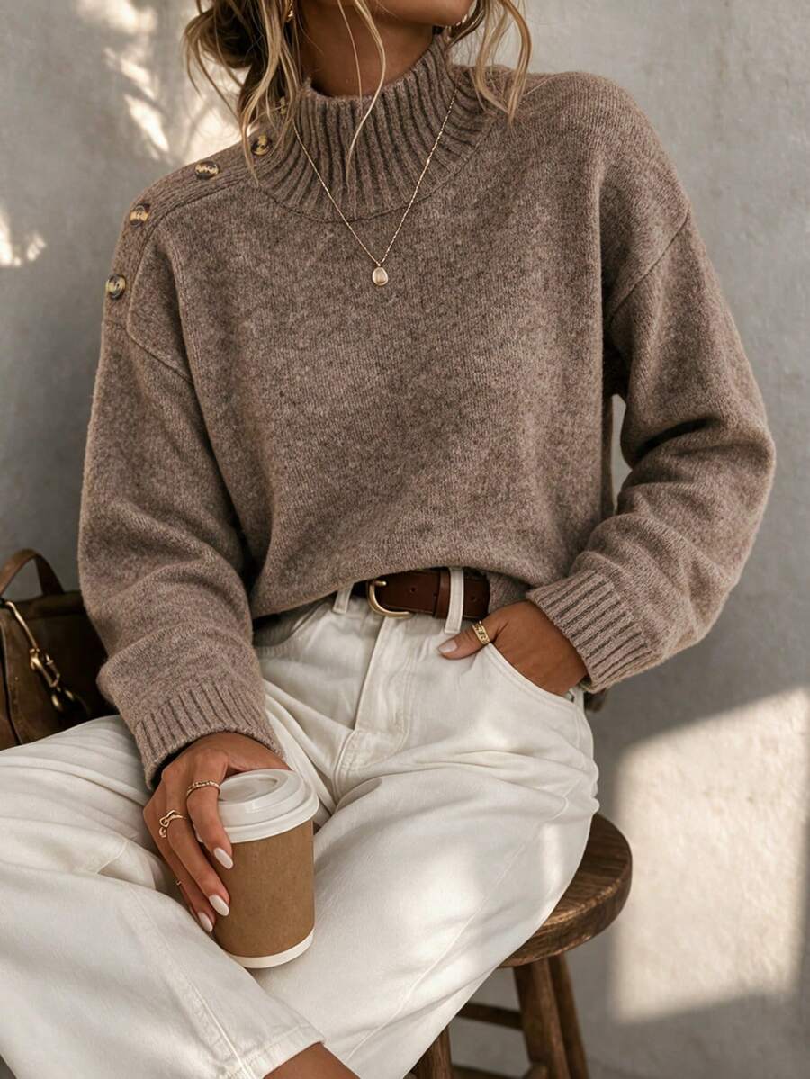 Women's Fall Winter Heather Brown Mock Turtleneck Button Shoulder Drop Shoulder Oversized Soft Knit Sweater, Casual Daily Office Wear - Brown - View 1