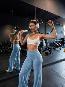 Women's Minimalist High Waist Wide Leg Sports Pants, High Elasticity Commuter Yoga Pants, Comfortable And Stretchy, Suitable For Daily Wear And Fitness Exercise - Baby Blue - View 3