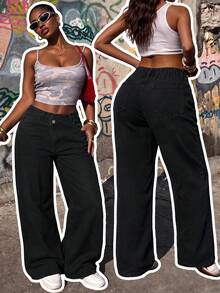 Plus Size Black Denim Straight Leg Pants, Zipper Decor, Long Loose Fit Non-Stretch Y2K Style - Black - View 1