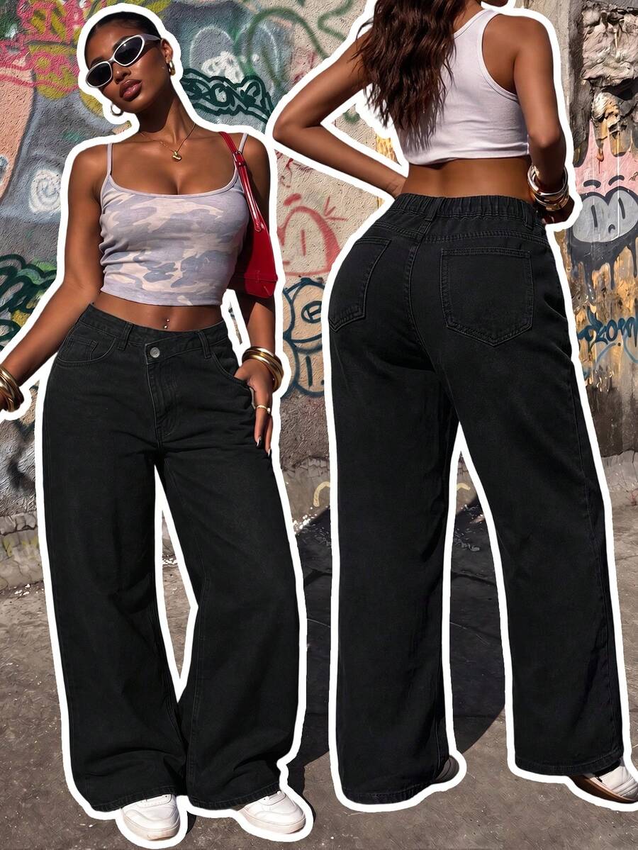 Plus Size Black Denim Straight Leg Pants, Zipper Decor, Long Loose Fit Non-Stretch Y2K Style - Black - View 1