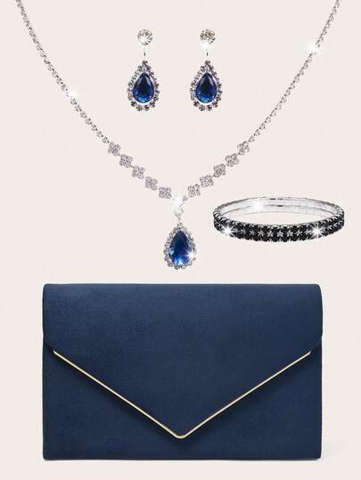 Conjunto de Joias de Luxo com Strass Cintilante, Colar, Brincos, Pulseira, Conjunto de 4 Peças Combinado com Bolsa de Noite Feminina de Cor Sólida, Tecido de Cetim de Alta Qualidade, Clutch Estilo Envelope, com Design de Aba, Adequado para Feriados, Temporada de Férias, Verão, Praia, Deslocações de Trabalho e Outras Ocasiões, Bolsa Transversal Multifuncional, Casual Minimalista, Praia, Festa, Item Essencial de Férias