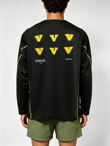 veidoorn Men's Loose-Fit Long-Sleeve T-Shirt With Printed Lettering And Line Design, For Casual Wear During Workouts, Outdoor Activities, Hiking - Black - View 3