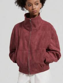 Se-Helo Women's Autumn/Winter Burgundy Turn-Down Collar Zipper Dropped Shoulder Ribbed Hem Loose Short Jacket - Burgundy - View 6