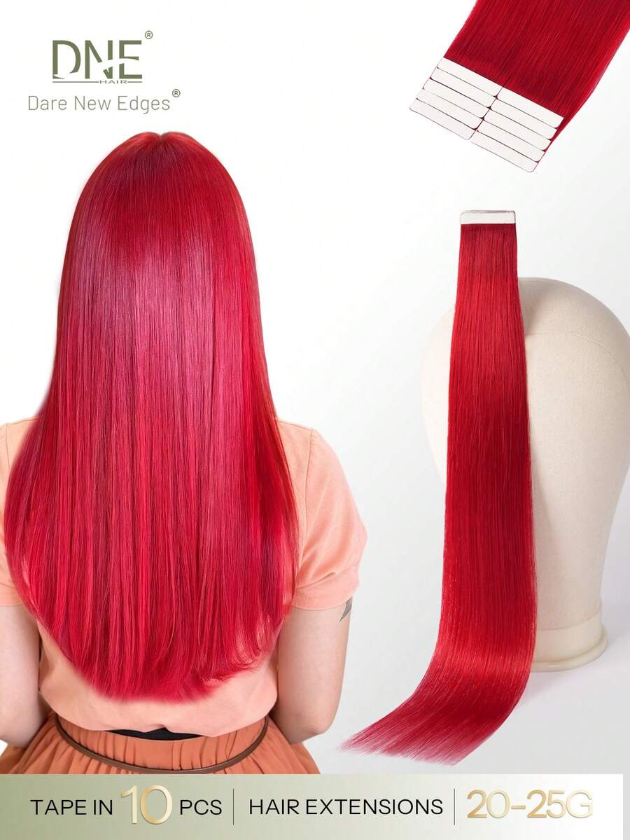 DNE HAIR 10pcs Tape In 100% Human Hair Extensions Red Color 25g 18inch Silky Seamless Invisible Highlight Colorful Hairpieces Rainbow Hair Extension Top Quality Thick Ends Healthy And Long Lasting Human Hair Extensions Invisible Tape In For Womean/Girls - SRed - View 1