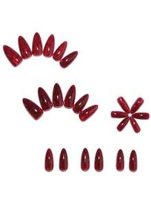 24pcs Autumn/Winter Minimalist Almond Press-On Fake Nails, Burgundy ...