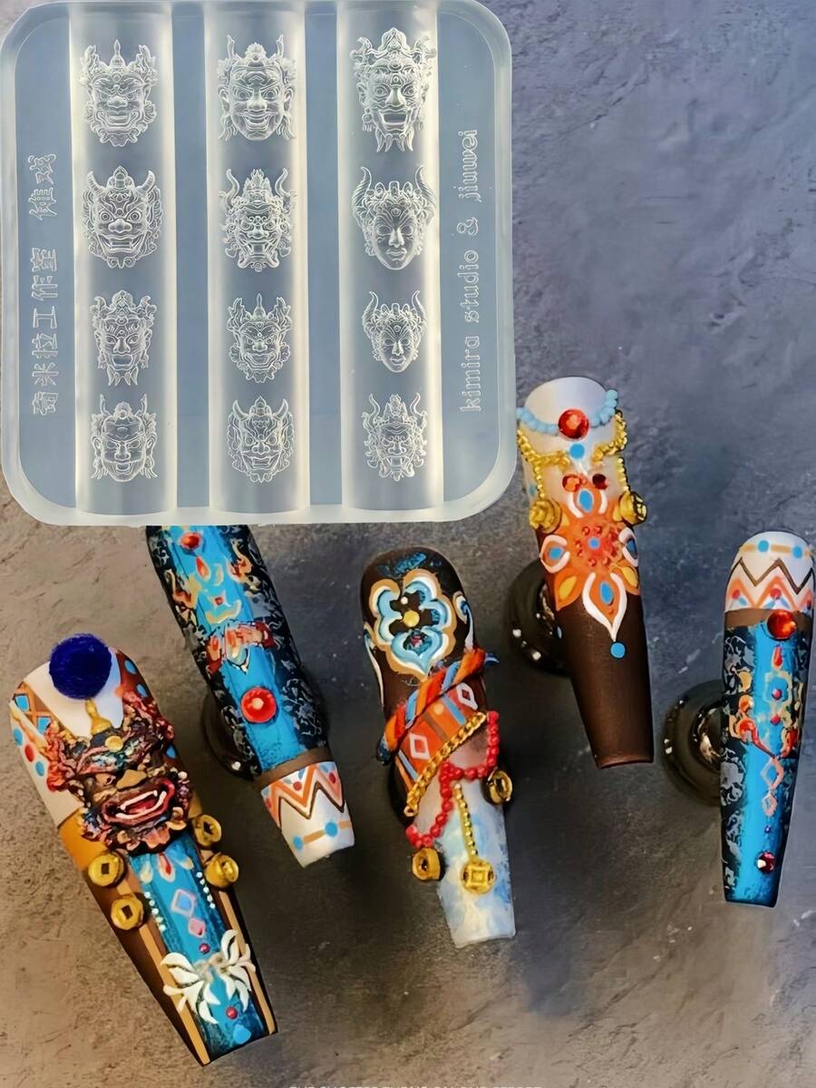1pc Silicone Nail Art Mold, Chinese Style Nuo Opera Mask & Tile Cat Dramatic Art 3D Nail Decor, DIY Wearable Nail Art Mold - Clear - View 1