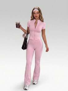 A Complete Set Balancing Minimalist Elegance And Understated Luxury, Suitable For Office Commute, Pilates, Dance Shaping, Outdoor Jogging And Various Other Scenarios, Easily Switch Daily Looks, Elegant And Fashionable, Combining Functionality And Style, Women's Zipper Jacket Paired With Flare Pants, 2 Pieces Women's Set - Pink - View 2