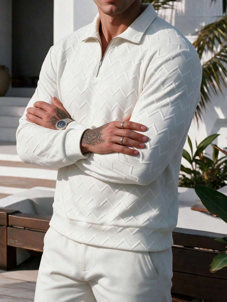 Men's Vacation Wave Pattern Jacquard Half-Zip Stand Collar Sweatshirt, Casual Long Sleeve Loose Fit Pullover Top - Multicolor - View 1