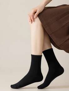 6 Pairs Women's Mid-Calf Socks, Solid Color Vertical Striped, Retro Marron Tone, Soft Breathable Slouch Cotton Socks, Autumn/Winter - Multicolor - View 2