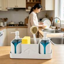 1 buah Organizer Wastafel Dapur dengan 2 Botol Dispenser Sabun, Organizer Serbaguna untuk Meja Dapur, Dapat Menampung Sabun Cuci Piring, Sabun Tangan, Sampo, Sabun Mandi Cair, Spons, Sikat & Alat Cukur, Rak Penyimpanan All-In-One untuk Meja Dapur & Kamar Mandi - Ruang Pers Baru - View 6