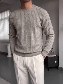 Men's Vintage Vertical Rib Knit Crew Neck Drop Shoulder Long Sleeve Pullover Sweater, Minimalist Casual Daily Commute - Khaki - View 1